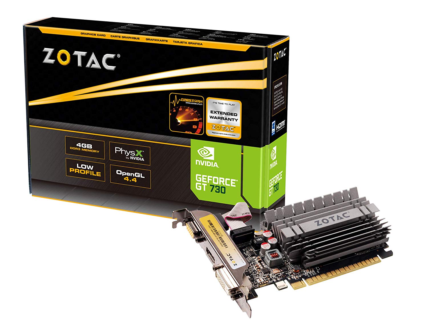 ZOTAC GeForce GT 730 4GB DDR5 64-bit PCI Express 2 ZOTAC GeForce GT 730 4GB DDR5 64-bit PCI Express 2.0 HDMI DVI VGA Fan Cooled Low Profile Video Graphics Card (ZT-71118-10L)